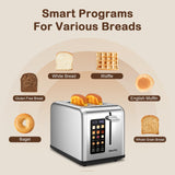 Mecity 2 Slice Toaster Touch Screen 1.5" Wide Slot, Stainless Steel Smart Bread Toaster for Bagel Muffin Waffle Gluten Free Breads, Timer, Defrost, Reheat, 120V 825W Mecity