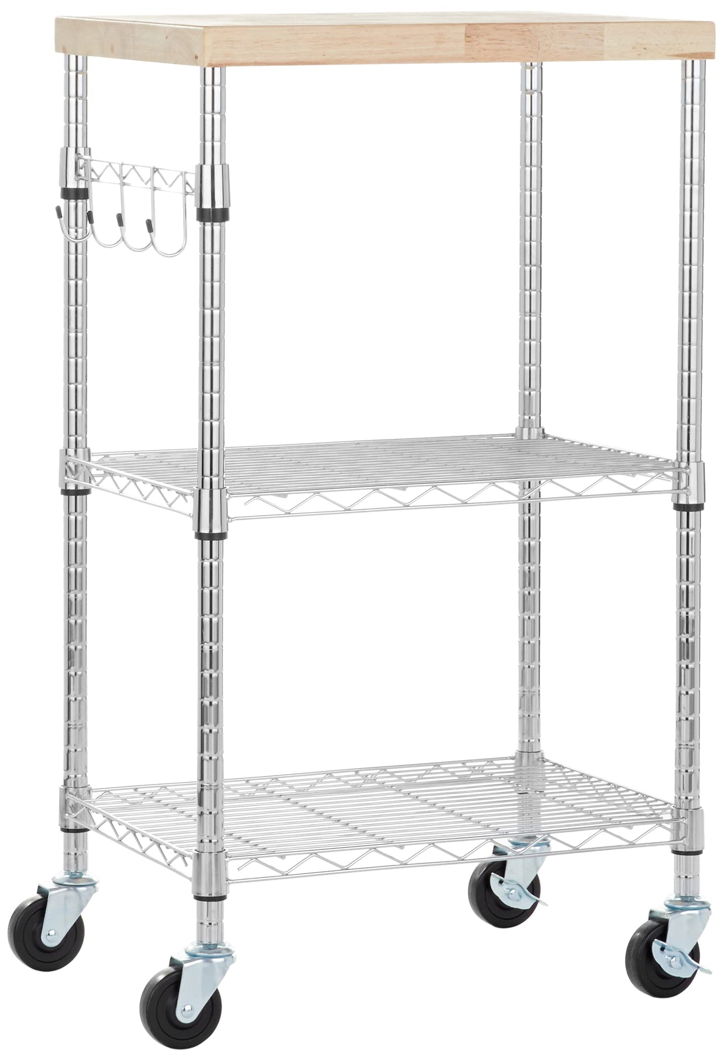 Amazon Basics Portable Kitchen Storage Rack on Caster Wheels with Adjustable Shelves, 175 Pound Capacity, 21 x 15 x 36.7 inches (LxWxH), Wood/Chrome