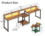 Coleshome 98" Home Office Computer Desks with Storage Shelves- 2 Person Writing Desk with LED Lights & Power Outlet, Long Two Person Desk with Monitor Stand, Double Study/Work Table Workstation, Brown Coleshome