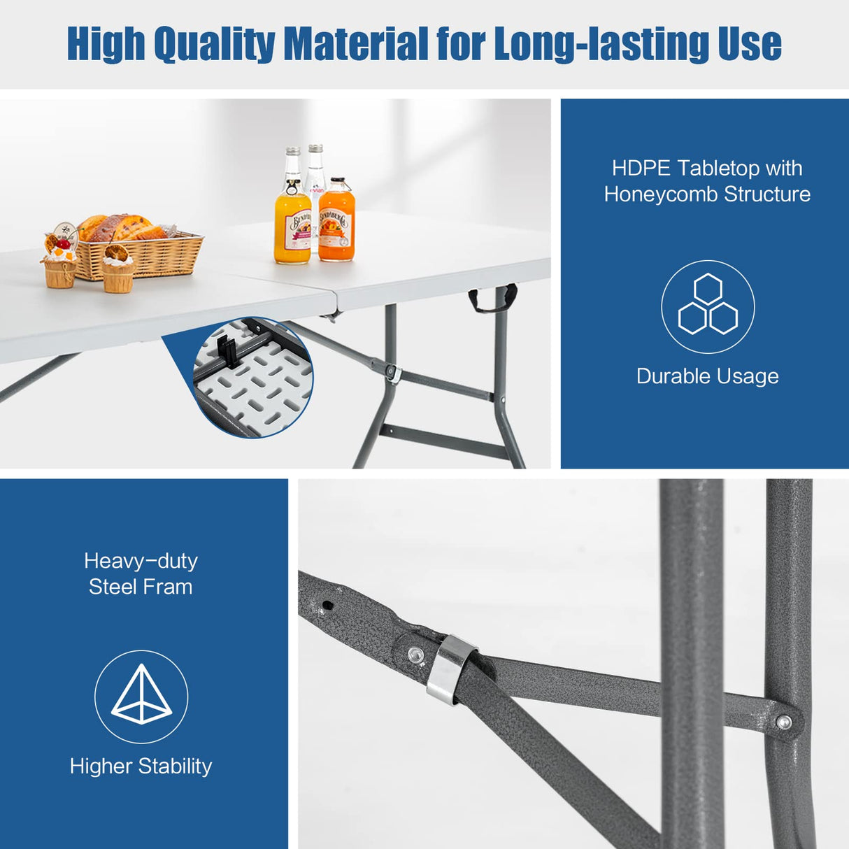 Goplus 6ft Folding Table, Indoor Outdoor Foldable Plastic Folding Tables, Heavy-Duty Rectangular Fold Up Table w/Handle, Portable Utility Card Table for Picnic, Party, Dining, Camping, Beach, White Goplus