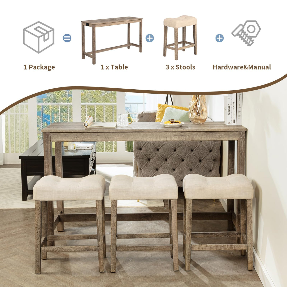 YWUFUART 59" Counter Height Bar Table Set with Power Outlet, Industrial Breakfast Table with 3 Padded Stools, 4 Piece Bar Table and Chairs Set for Living Room, Dining Room, Brown YWUFUART