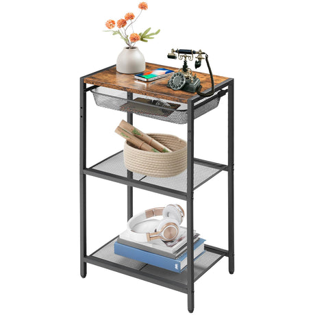 HOOBRO Tall End Table with Metal Storage Basket, Industrial Telephone Side Table, Small High Nightstand for Living Room, Bedroom, Office, Rustic Brown BF06UDH01 HOOBRO