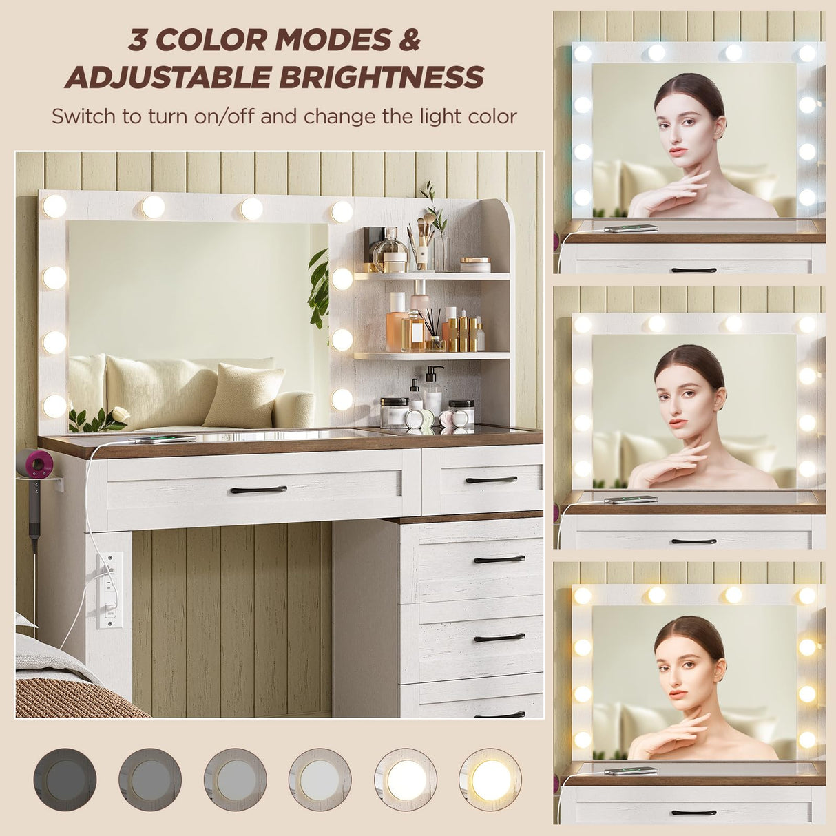 Farmhouse Large Makeup Vanity Desk, Glass Top Vanity Dresser Combo, Make Up Dressing Table, with Mirror and Lights and 8 Drawers, with Charging Station and Storage, for Bedroom, Dressing Room, White Vabches