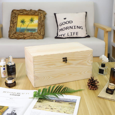 JJSQ Wooden Storage Box with Hinged Lid Rectangle Unfinished Unpainted Accessories Storage Wood Box for Crafts DIY Decoration Natural Large 13.8" x 7.9" x 7.1" JJSQYLAN