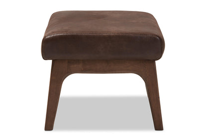 Baxton Studio Birk Mid-Century Modern Walnut Wood Dark Brown Distressed Faux Leather Ottoman