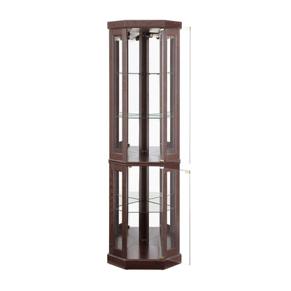 Lighted Corner Display Curio Cabinet Wooden Shelving Unit with Tempered Glass Door, Bar and Liquor Storage Area with 4 Shelves, Wine Cabinet