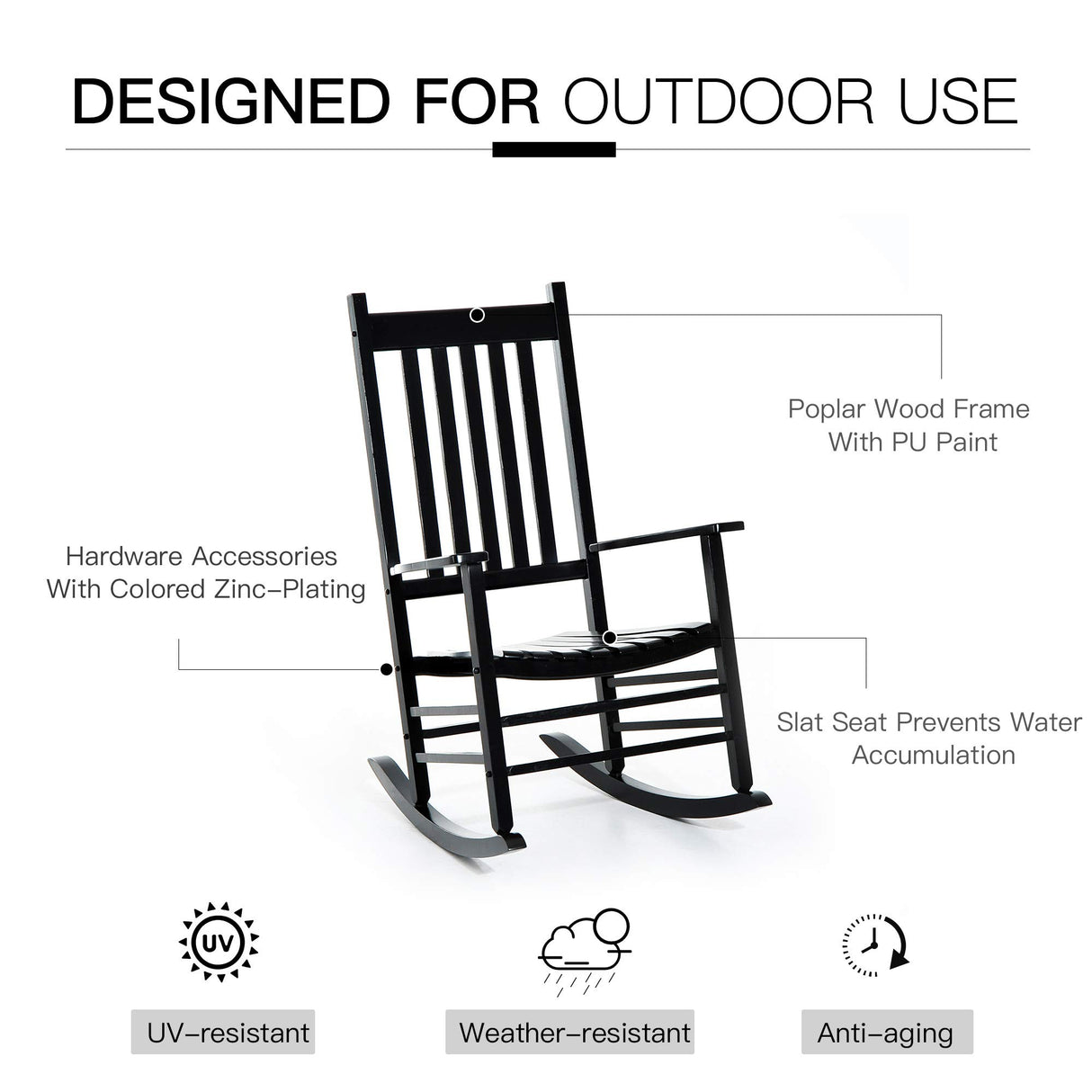 Outsunny Outdoor Rocking Chair, Wooden Rocking Patio Chairs with Rustic High Back, Slatted Seat and Backrest for Indoor, Backyard, Garden, Black Outsunny