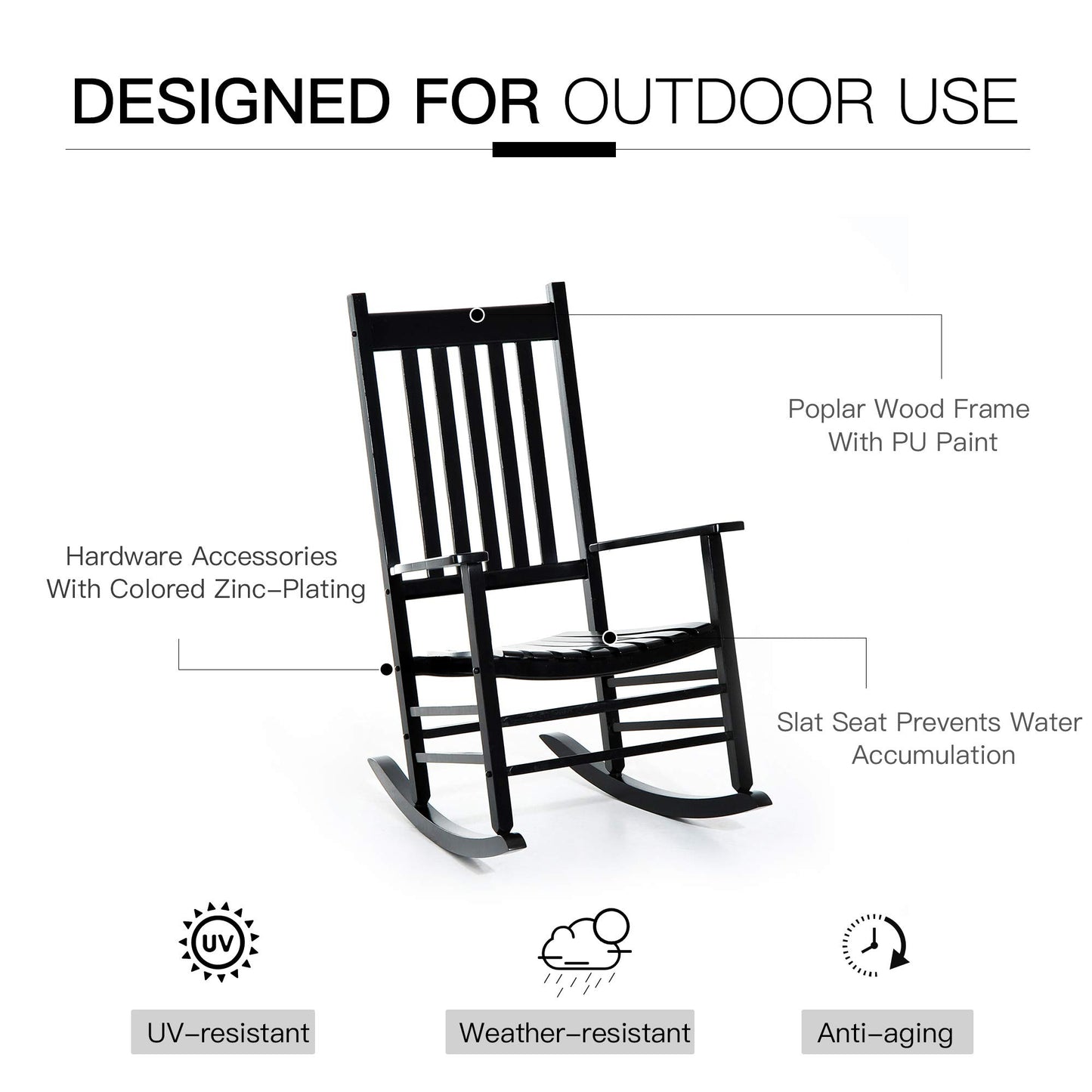 Outsunny Outdoor Rocking Chair, Wooden Rocking Patio Chairs with Rustic High Back, Slatted Seat and Backrest for Indoor, Backyard, Garden, Black