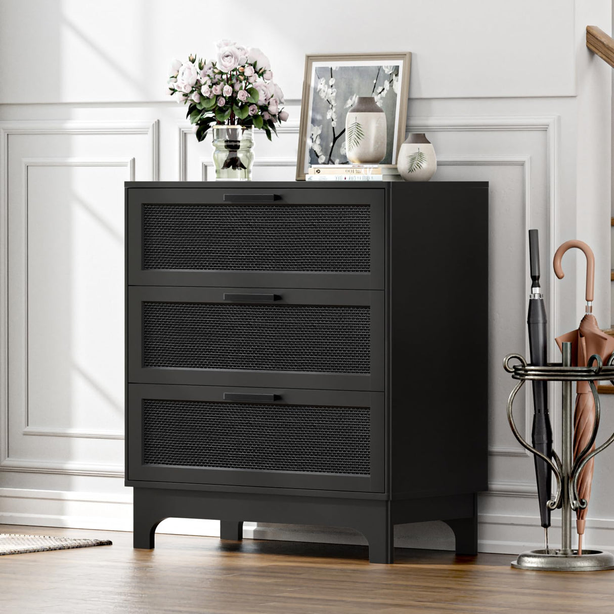Anmytek 35" H Black Rattan Dresser, Farmhouse 3 Drawer Dresser with Natural Rattan Spacious Chest of Drawers for Living Room, Nursery, Hallway H0096 Anmytek