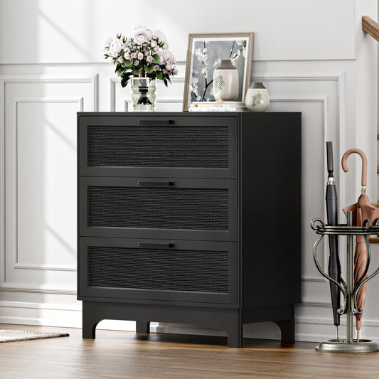 Anmytek 35" H Black Rattan Dresser, Farmhouse 3 Drawer Dresser with Natural Rattan Spacious Chest of Drawers for Living Room, Nursery, Hallway H0096