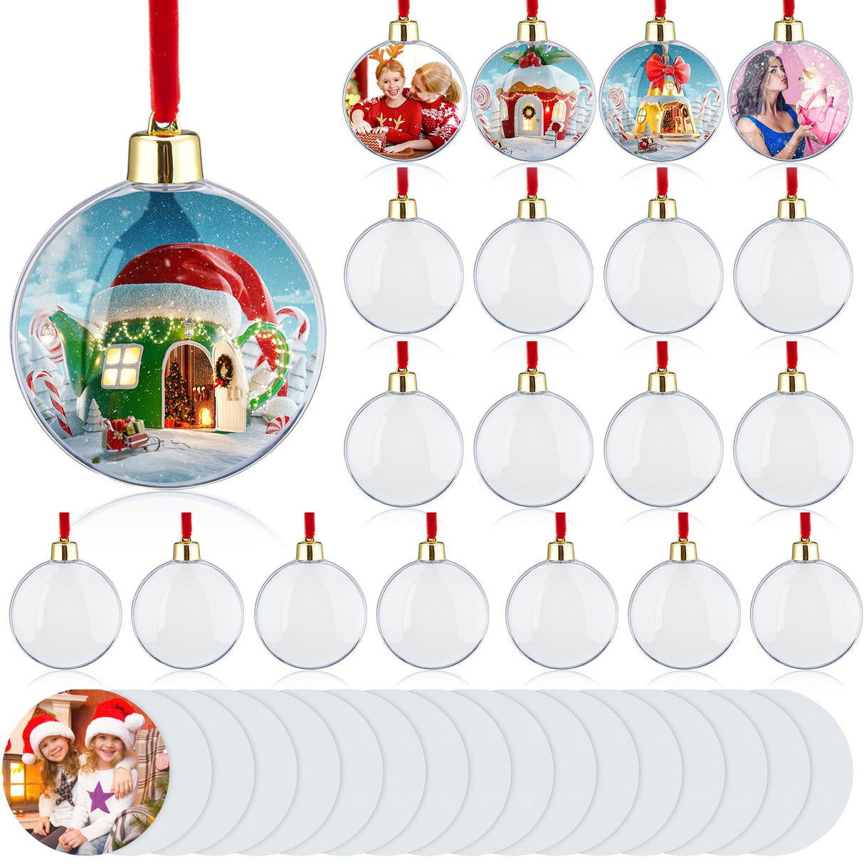 Hotop 24 Pcs Photo Ornament Ball Christmas Sublimation Blanks Photo Frame Ornaments Christmas Tree Hanging Photo Ball Decoration DIY Plastic Photo Baubles for Christmas Valentine's Day Decor Hotop