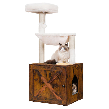 Hey-brother Cat Tree with Litter Box Enclosure, All-in-one Cat Tower for Indoor Cats with Large Hammock, Bed, Food Station, Scratching Posts, Modern Style Pet Furniture, Rustic Brown MPJ100SR Hey-brother