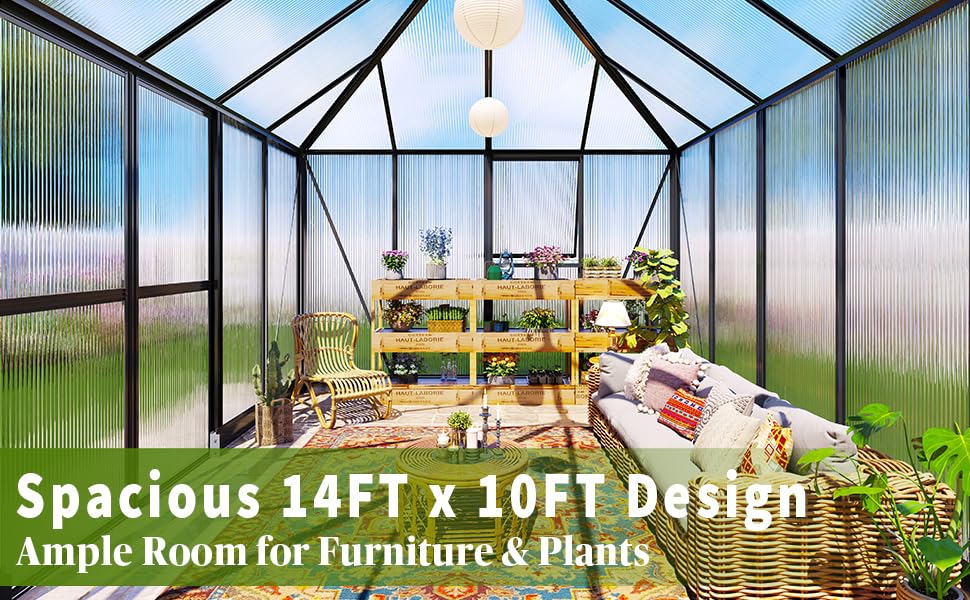 14x9.7x10 FT Polycarbonate Greenhouse for Outdoors, Large Winter Greenhouse Sunroom with 2 Adjustable Windows &Sliding Door, Walk-in Design with Aluminum Frame for Patio, Garden gohonei