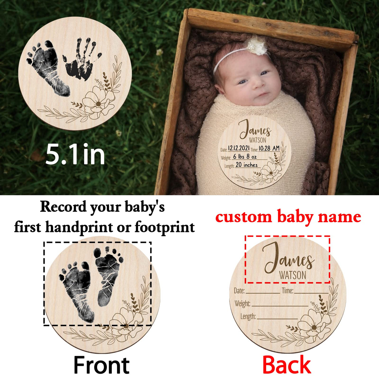 Mayyi Newborn Birth Announcement Sign,Personalized Newborn Handprint and Footprint Sign,Custom Engraved Wooden Baby Name Sign,Newborn Photo Props, Mayyi