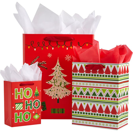 SUNCOLOR 9 Pack Christmas Gift Bags Assorted Sizes With Tissue paper (3 Large 13", 3 Medium 9", 3 Small 6") SUNCOLOR