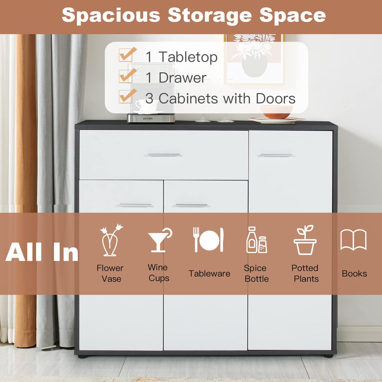 COSTWAY Buffet Sideboard Storage Cabinet, White Kitchen Sideboard with Spacious Table Top, 2 Door Cabinets, Large Drawer, Adjustable Shelf, Anti-Toppling Device, Console Cupboard for Home Living Room COSTWAY