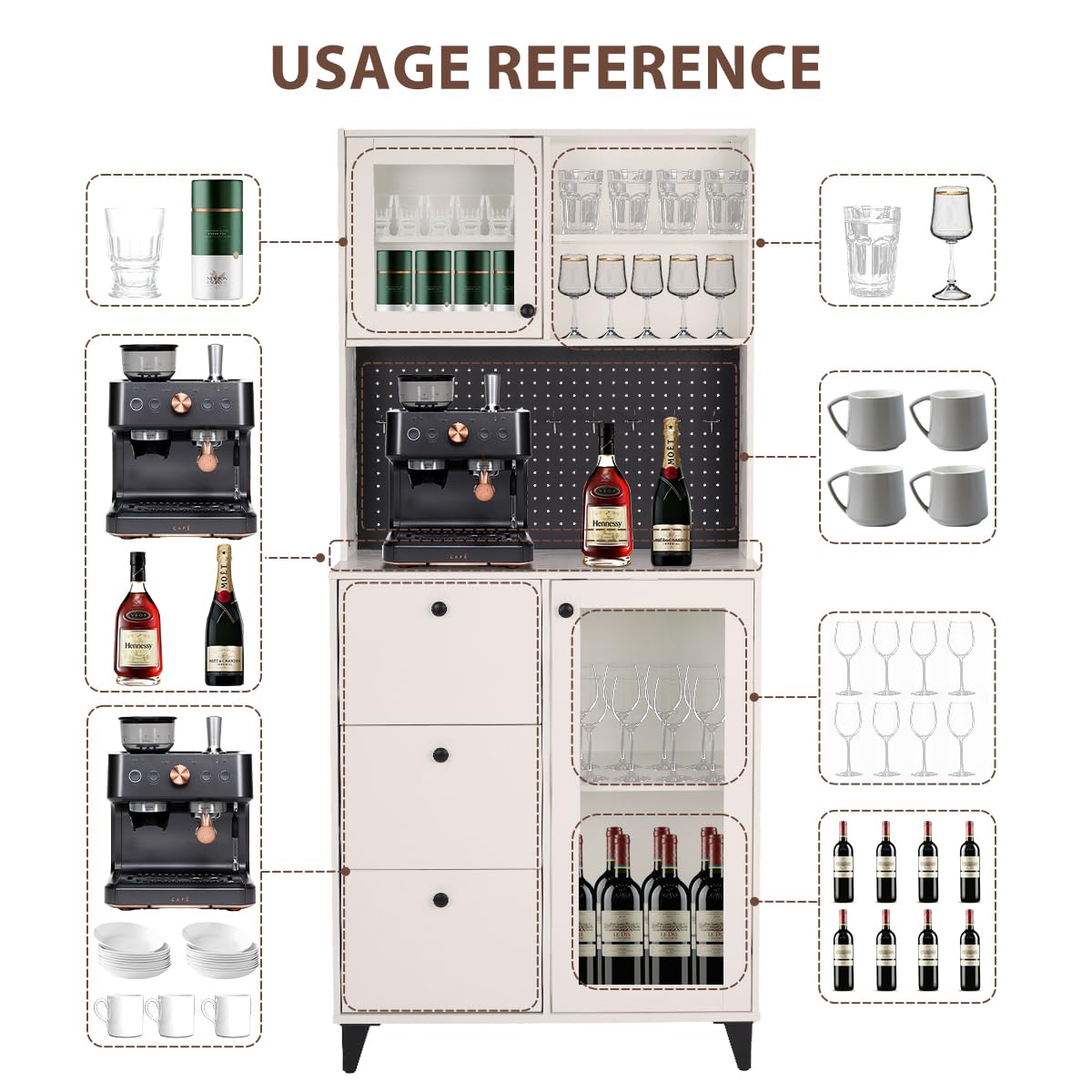 COCO DESIGN Bar Cabinet with Microwave Rack, Wine Liquor Cabinet with w/Pegboard, 10 Hooks and LED Lights, Glass Doors and 3 Drawers for Home Kitchen, Living Room and Dining Room, White