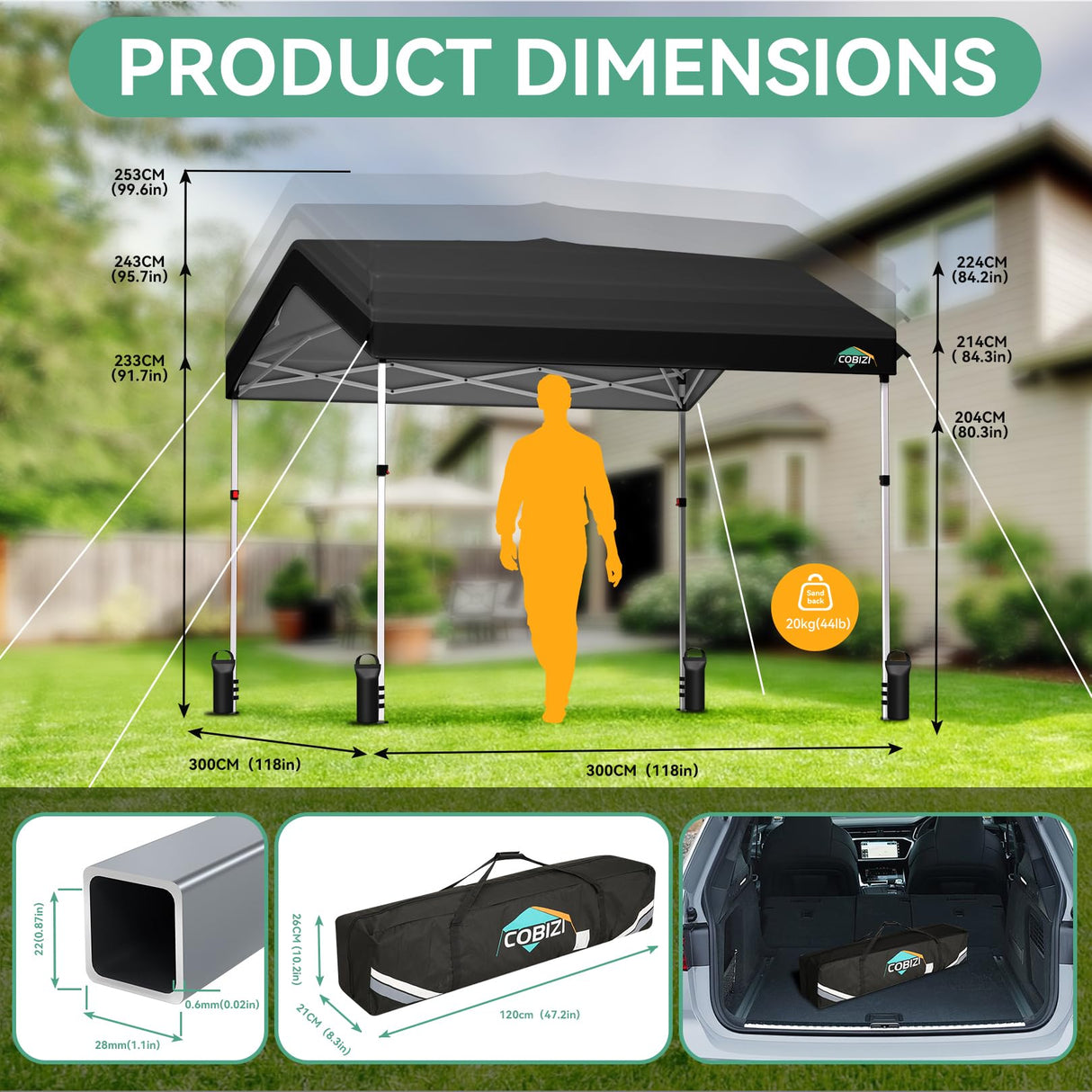 COBIZI Canopy Tent 10x10 Pop Up Canopy with One Button Push Center Lock, Portable Carport with 1 sidewall, 10x10 Carport Canopy for Parties, Commercial, Events, Waterproof, UPF 50+, Black COBIZI