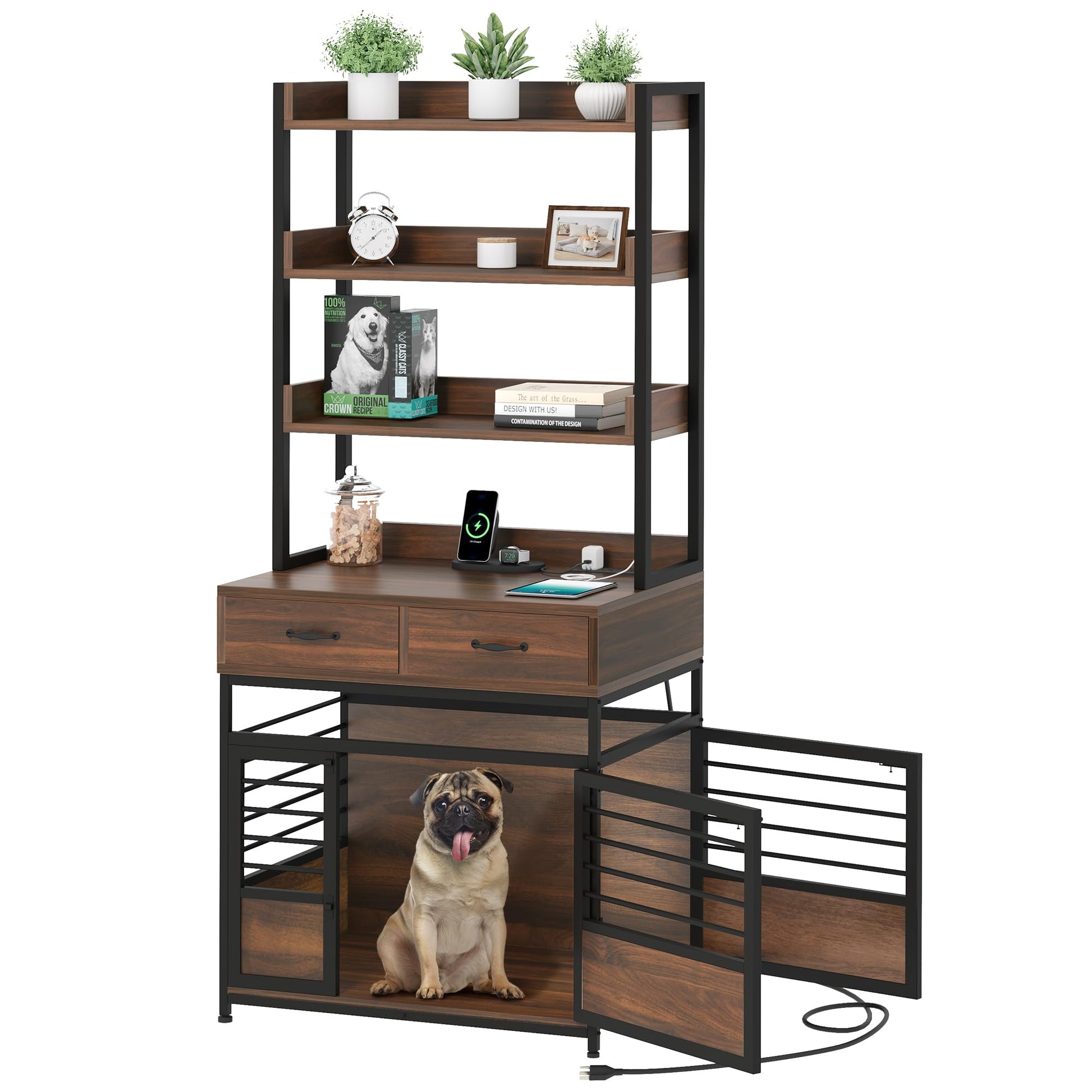 DWVO Dog Crate Furniture with Storage Shelves, Heavy Duty Dog Crate with Drawers & Charging Station, 32 Inch Dog Kennel Indoor Furniture for Medium Dogs, Modern Dog Crate with Double Doors, B - WoodArtSupply