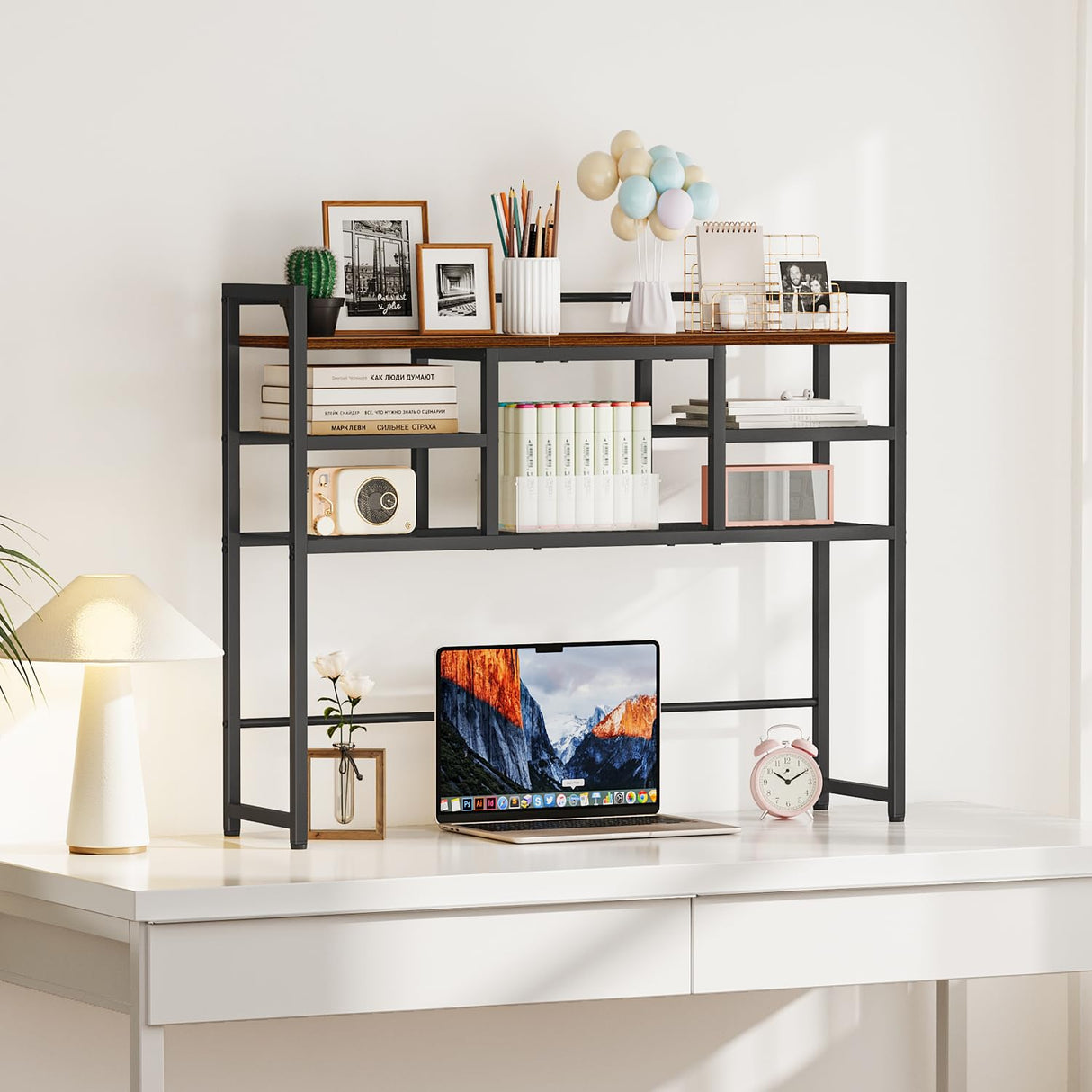 Snughome Desk Shelf, 38.6" Desktop Bookshelf, Desk Hutch Dorm, Countertop Storage Hutch with 5 Shelves for Computer Desk, Multipurpose Wood Desktop Display Organizer Rack for Home Office Dorm Snughome