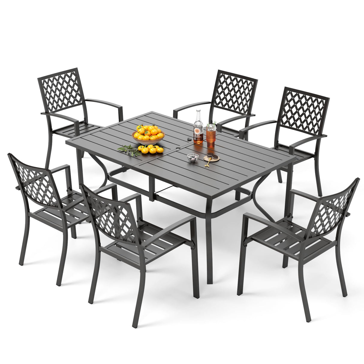PHI VILLA 7-Piece Metal Patio Outdoor Table and Chairs Outdoor Dining Set - 60" Patio Table with Umbrella Hole and 6 Backyard Garden Chairs, Black PHI VILLA
