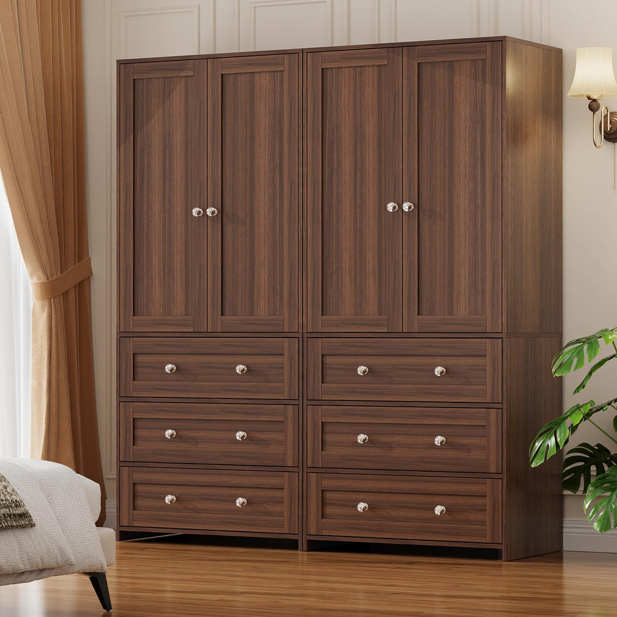 VOWNER Armoire Wardrobe Closet with Drawers and Mirror, 71" Clothing Storage Cabinet with Hanging Rod, 2 Doors Wooden Wardrobe Cabinet for Bedroom (Walnut, 18.9" D x 31.5" W x 71" H) VOWNER