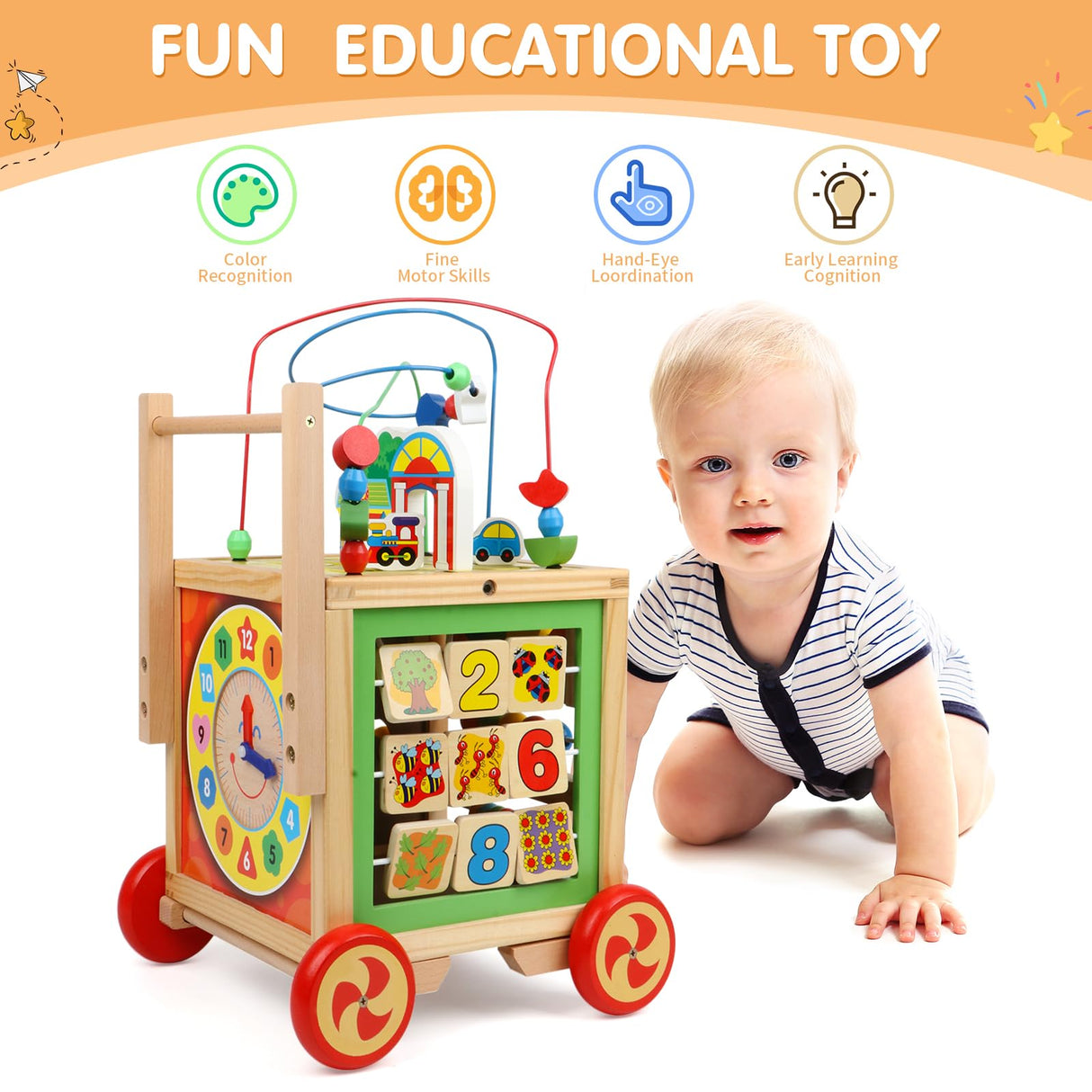 Wooden Activity Cube 6 in 1 Montessori Toys Educational Learning Sensory Toys for 1 Year Old 12-18 Months Boys Girls First Birthday Gifts for Baby Toddler Toys Age 1-2 Bead Maze Shape Sorter Abacus KABENFIS