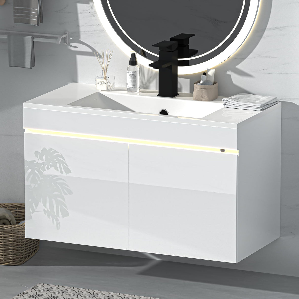 AHB 30 inch Bathroom Vanity W/Sink Combo, High Gloss Bathroom Cabinet, Smart Wall Mounted Sink Cabinet Auto Motion Sensor LED Light, Modern Floating Vanity with Faucet AHB