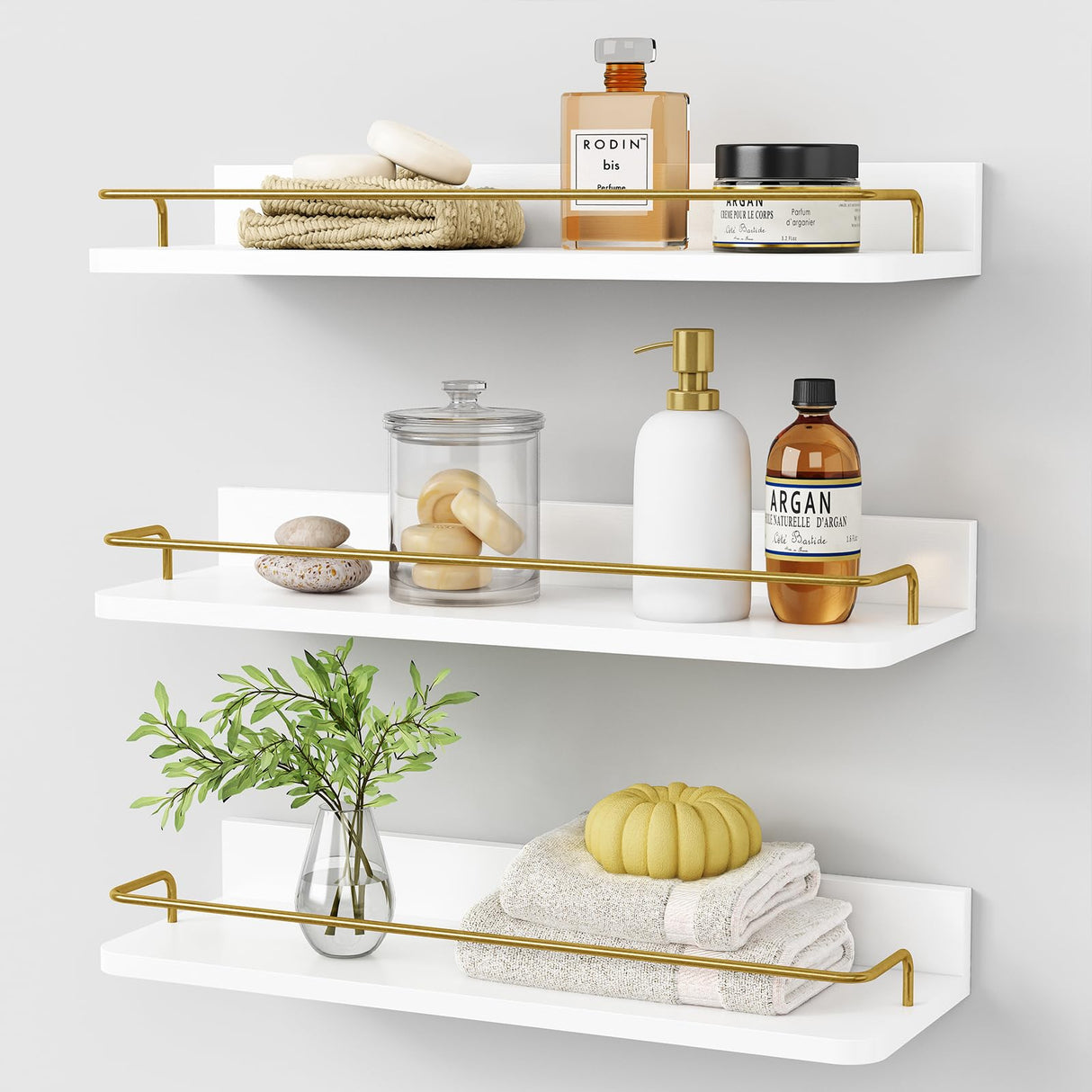 Forbena Gold Floating Shelves for Wall Decor Set of 3, Bathroom Shelves Over Toilet, Modern Display Wall Shelf with Guard Rail for Living Room Bedroom Organizers and Storage - White and Gold Forbena