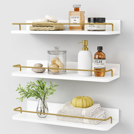 Forbena Gold Floating Shelves for Wall Decor Set of 3, Bathroom Shelves Over Toilet, Modern Display Wall Shelf with Guard Rail for Living Room Bedroom Organizers and Storage - White and Gold Forbena