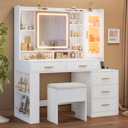 DICTAC Makeup Vanity Desk with Sliding LED Lighted Mirror, 47.2"W Large Vanity Desk with Drawers, Shelves and Side Storage, RGB Glass Cabinet, White Vanity Table Set with Charging Station for Bedroom