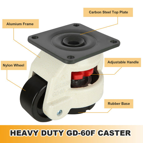 Acrux7 Retractable Leveling Casters Set of 4 Heavy Duty GD-60F, Workbench Caster with Rubber Leveling Feet, 360 Degree Swivel Industrial Plate Caster Wheel for Machine, Equipment Acrux7