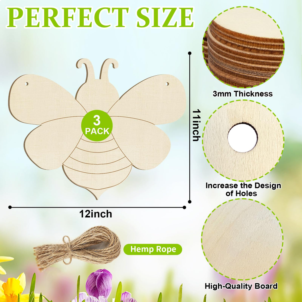 Large Size 12" Wooden Spring Ornaments to Paint, Bee Wooden DIY Blank Unfinished Round Wood Discs Ornament for Crafts Hanging Decorations(3PCS) Sophena