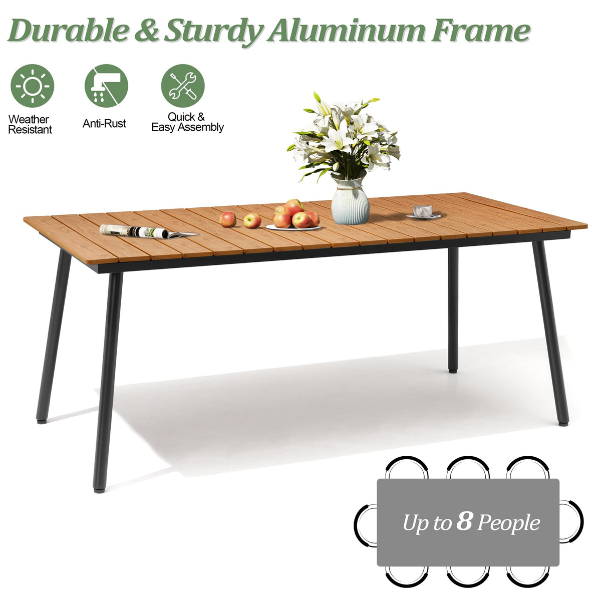 VredHom Outdoor Dining Table, 70inch Patio Dining Table with Wooden-Like Top and Aluminum Frame, Rectangular Table with Umbrella Hole Outdoor Furniture, Only Table, Brown VredHom