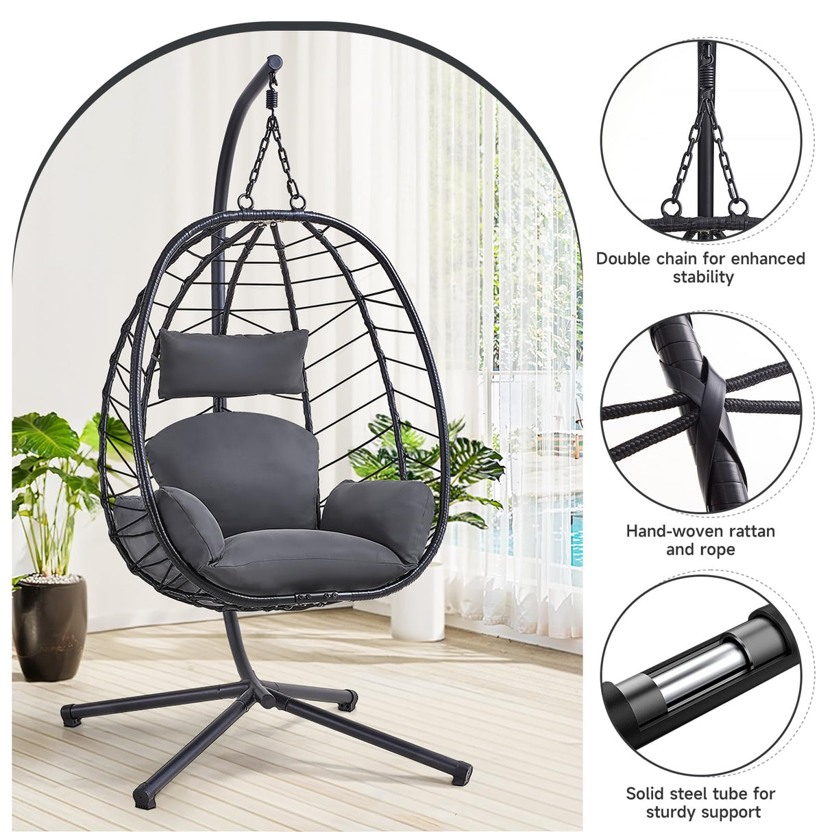 ONBRILL Hanging Egg Chair with Stand, Outdoor Indoor Egg Swing Chair with Cushion Headrest, Wicker Rattan Egg Chair with Dual Chains, 350LBS Capacity for Patio, Porch, Balcony, Bedroom (Dark Gray) ONBRILL