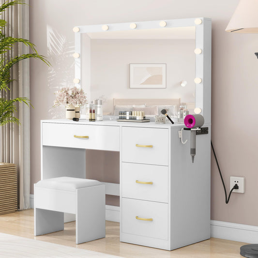 YITAHOME Vanity Desk with Large Mirror, 11 Light Bulbs, Power Outlet, 3 Lighting Modes, 4 Drawers, and Cushioned Stool for Bedroom