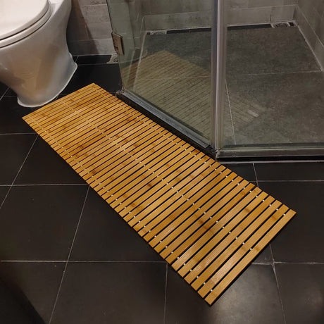 HJJKKH Bath Floor Mat,Floding Bamboo Wood Bath Mat,Bamboo Shower Mat,Roll-Up Bamboo Wood Bath Floor Mat,Foldable Teak Bath Mat for Bathtub,Shower,Sauna (15.7x47.2 inch) HJJKKH