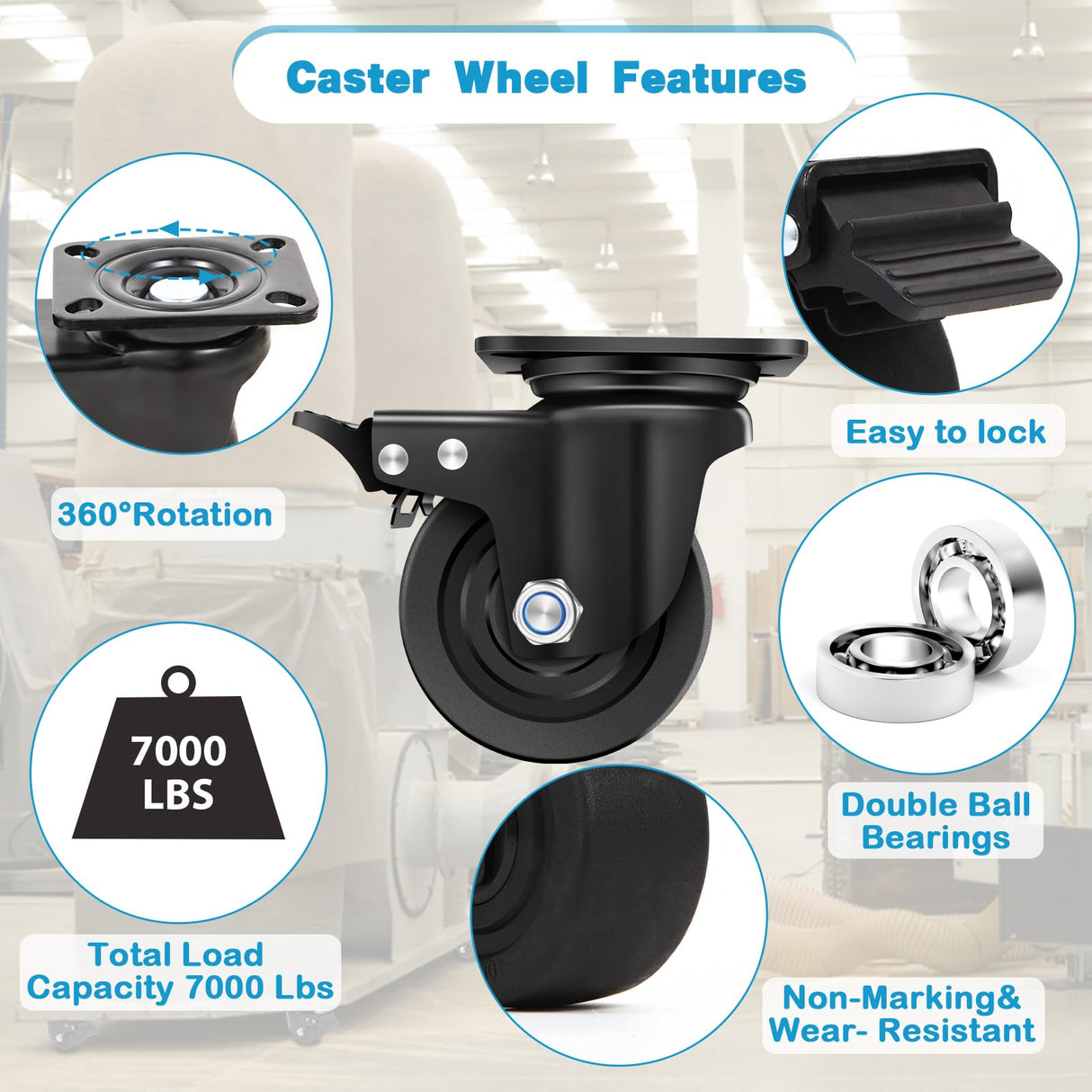 Nefish 4-Inch Heavy Duty Casters Set of 4, Industrial Grade Casters Wheels 7000 LBS, Low Gravity Plate Swivel Caster with Brake, Sturdy & Corrosion-Resistant Nylon Wheels for Industrial, Equipment Nefish