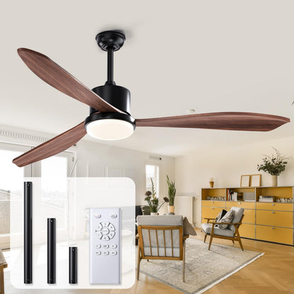 Wood Ceiling Fans with Lights: 52 Inch Outdoor Ceiling Fan with and Lights Remote Noiseless DC Motor 6 Speeds Timing 3 Downrods Reversible Modern Ceiling Fan for Outdoor Patio Indoor Bedroom-Walnut