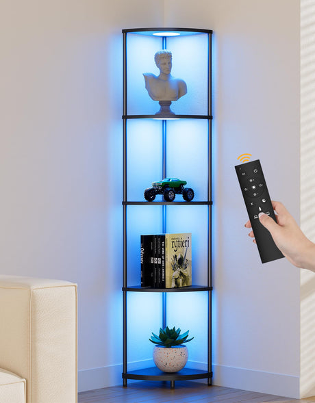 Corner Shelf with RGBCW LED Light, 64.5” Tall Floor Lamp Narrow Bookshelf Organizer, Standing Shelves with Metal Pole, Display Storage Rack for Wall Corner, Living Room, Bedroom, Office Décor, Black PARTPHONER