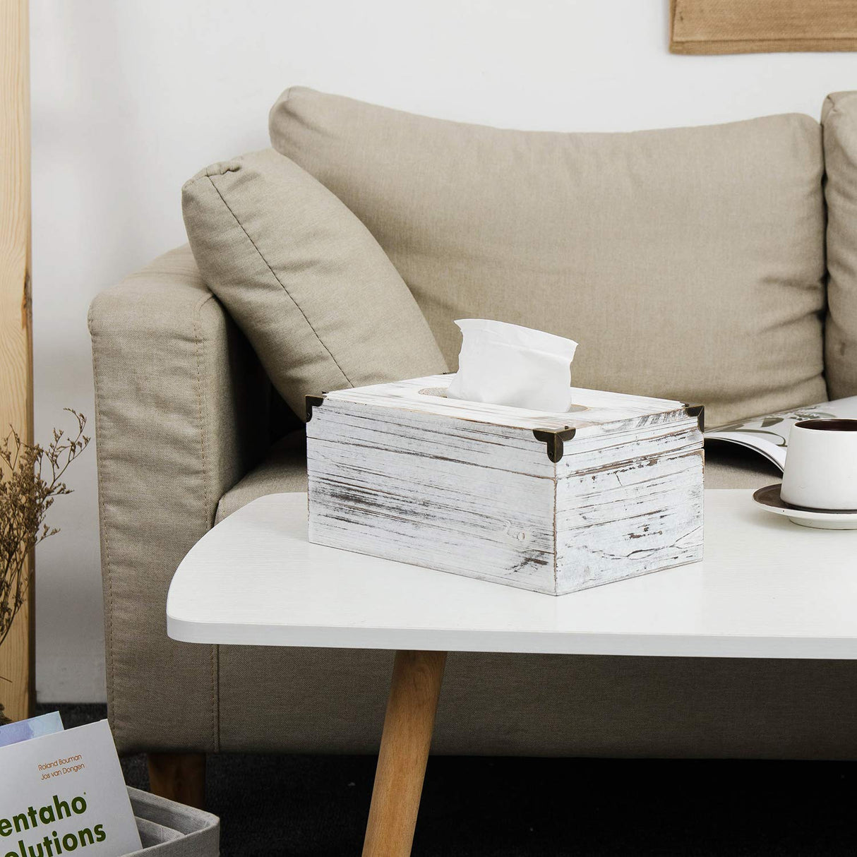 Distressed Wooden Rustic Facial Tissue Box Holder Tissue Box Cover Napkin Dispenser for bathroom Living room dining room bedroom toilet (Washed white) VERGOODR