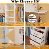 Dilando Closet Organizer System with Drawers, 8FT Closet Shelving System 96" Walk in Wood Corner Closet Storage System with 3 Shelves Custom Hanging Rods Heavy Duty Wall Mount Dilando