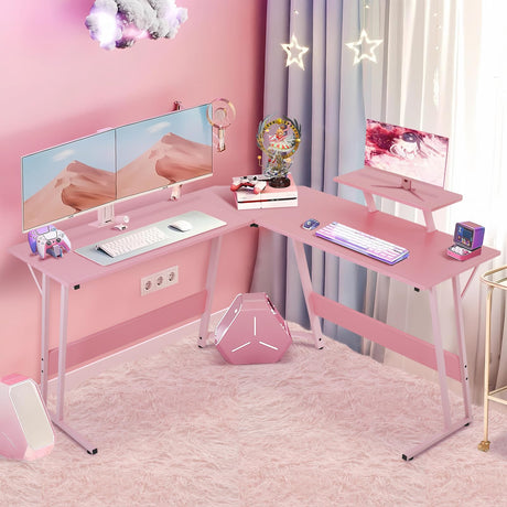 HKLGorg L Shaped Desk Gaming Desk, 50.4’’ Computer Desk, Gaming Table with Monitor Stand Corner Desk with MDF Board Surface, Home Office Desk for Girl Women Gift for Gaming Working Study, Pink HKLGorg