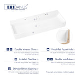 Eridanus Bathroom Sink Rectangle 43" x 16", Two Hole Vitreous Ceramic Vessel Sink, Countertop & Wall Mount, Modern Porcelain Vanity Floating Sink Art Basin Trough with Overflow, Glossy White Eridanus