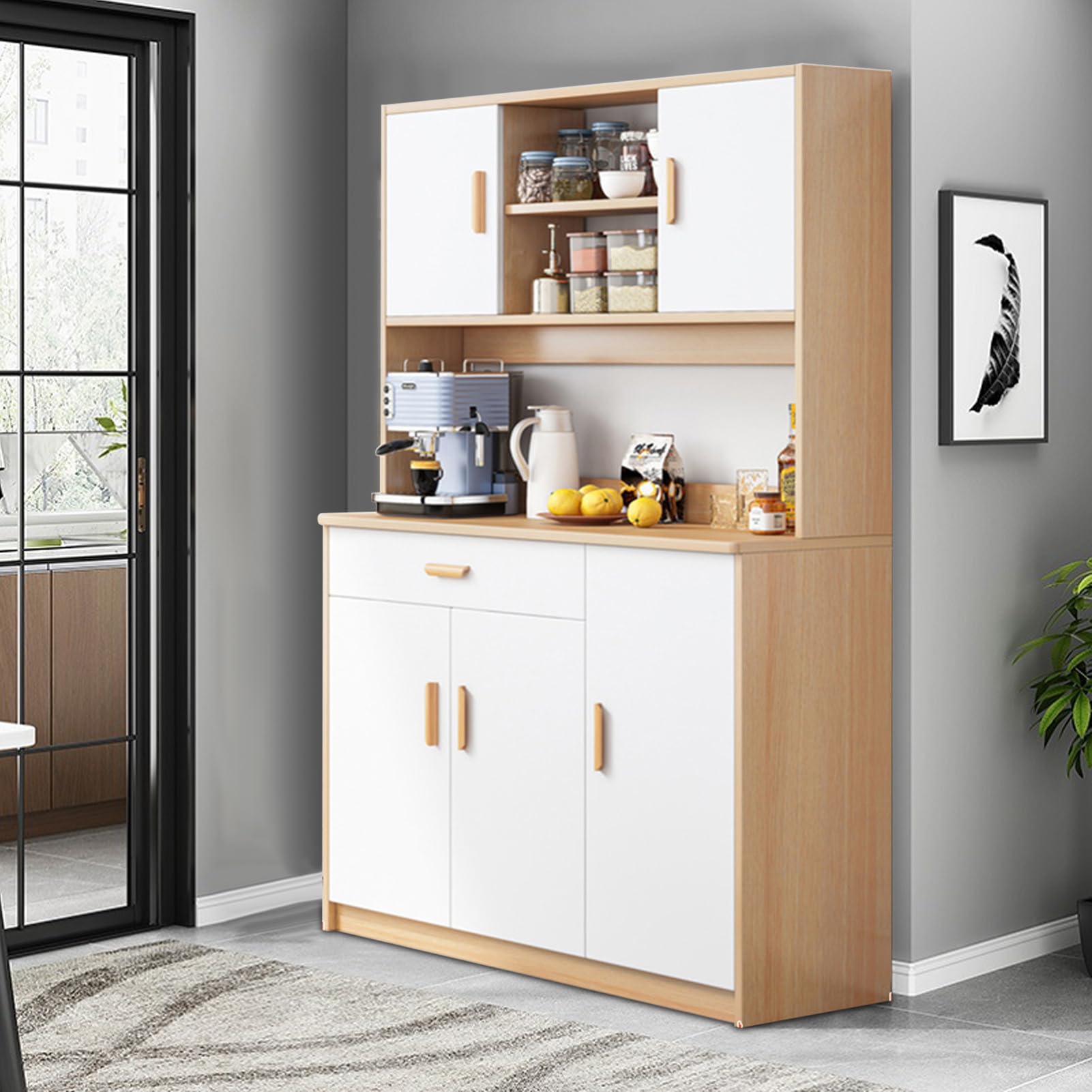 Freestanding Kitchen Pantry Cabinet, Hutch Cabinet with Storage, Tall Sideboard Buffet Cabinet with Doors and Shelves, Microwave Shelf, Wooden Coffee Bar Cabinet for Living Room, Dining Room - WoodArtSupply