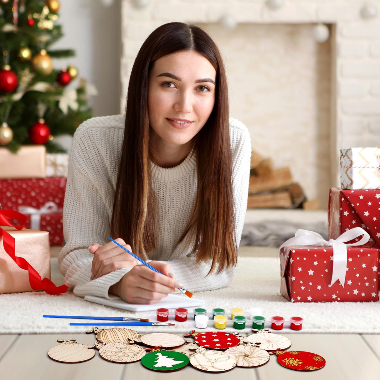 Cinnvoice 60 Pcs Wood Christmas Crafts for Adults DIY Paint Xmas Ornaments Blank Unfinished Wooden Cutouts Shapes Slices Hanging Embellishment for Christmas Tree Holiday Party Decor(Ball) Cinnvoice