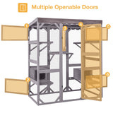 Wooden Catio Outdoor Cat Enclosure,Large Luxury Kitty-House with 7 Jumping Platforms & Weatherproof Asphalt Roof,Walk-in Kitty Kennel Condo Shelter and 2 Napping Houses (Grey, Large) Suumerpety