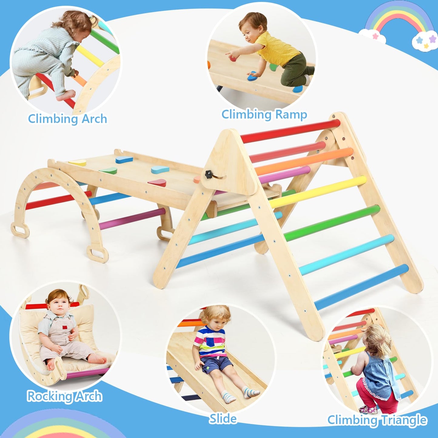 Hoohtoot 5 in 1 Climbing Toys for Toddlers Inside: Rainbow Pikler Triangle Set with Climber Arch Slide Ramp - Pickler-3 Piece Climbing Gym Montessori Wooden Toys Birthday Gifts for Boys Girls