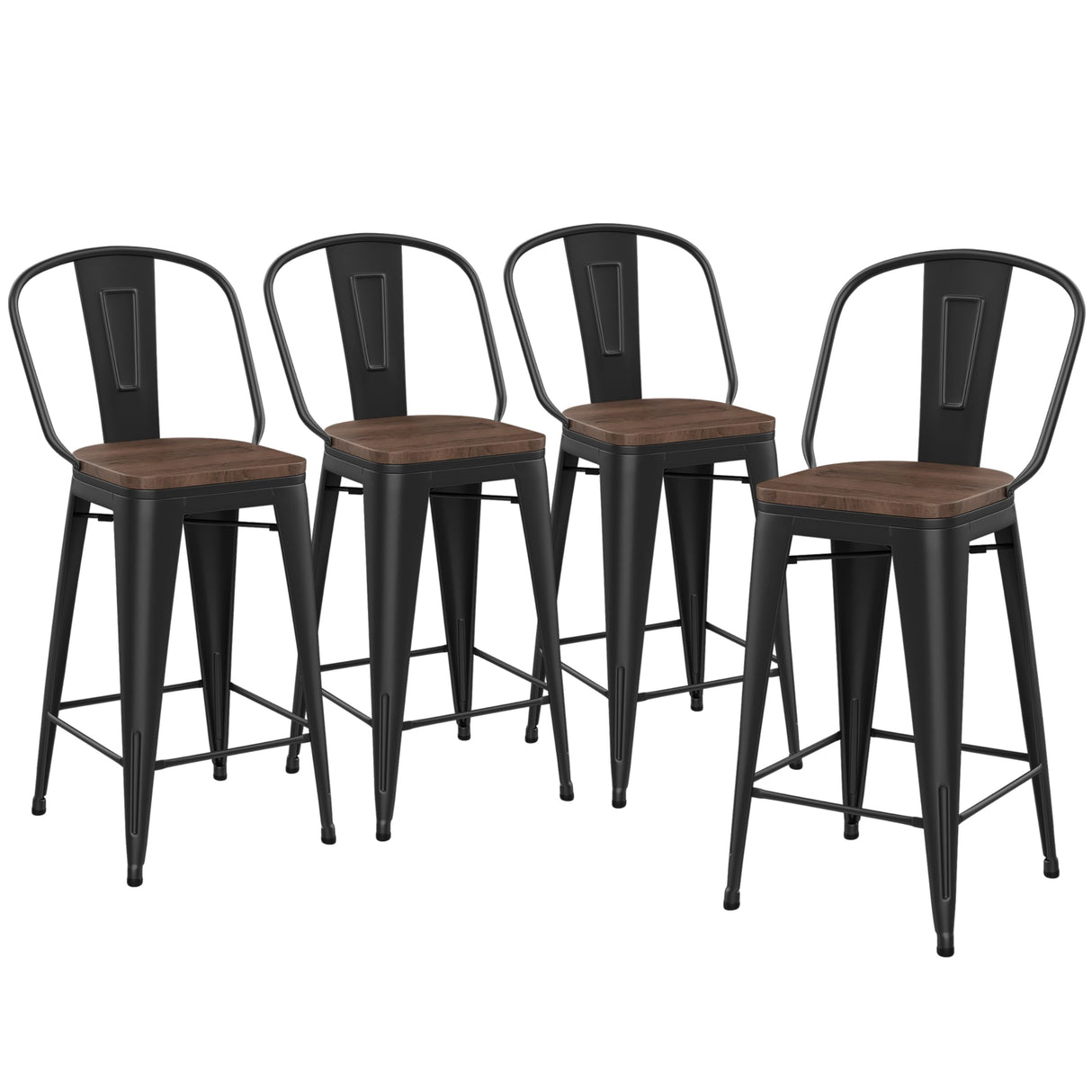 Yongqiang 26 inch Bar Stools Set of 4 High Back Metal Kitchen Counter Height Chairs Barstools with Wooden Seat Industrial Matte Black Yongqiang