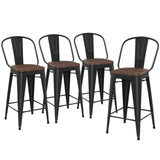 Yongqiang 26 inch Bar Stools Set of 4 High Back Metal Kitchen Counter Height Chairs Barstools with Wooden Seat Industrial Matte Black Yongqiang